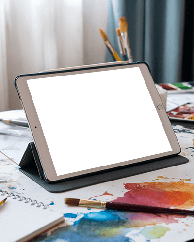 Artistic Studio Ipad Mockup On Desk With Paintbrushes And Watercolor Palette Creative And Inspirational Ambience