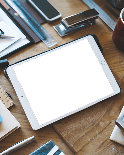 Rustic Workspace Ipad Mockup On Wooden Desk With Office Supplies And Rulers Creative And Organized Setup