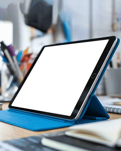 Creative Studio Ipad Mockup On Wooden Desk With Art Supplies And Blue Case Inspiring And Productive Workspace