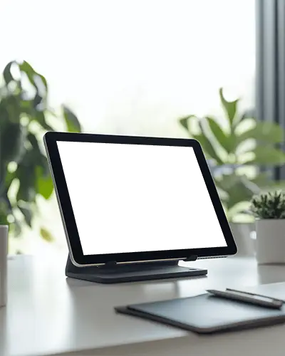 Angled Ipad Mockup Modern Desk With Greenery In Background Natural Lighting And Clean Office Ambience
