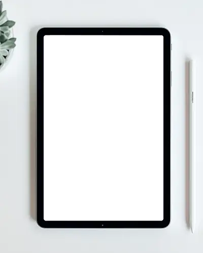 Top View Ipad Mockup On White Desk With Apple Pencil And Succulent Clean And Minimal Workspace Scene