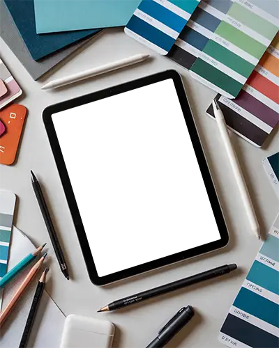 Creative Workspace Ipad Mockup Digital Tablet Surrounded By Color Swatches Pencils And Design Tools Top View Flat Lay Setup