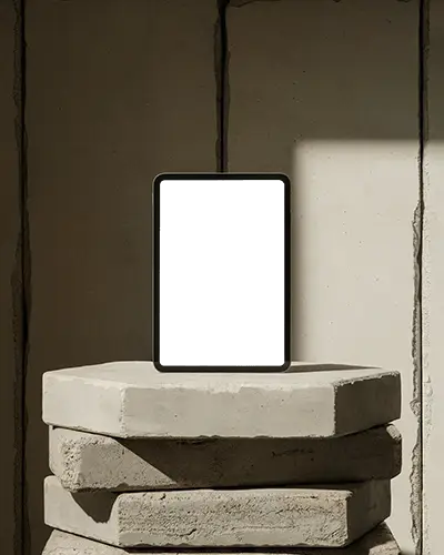 Vertical Ipad Pro Mockup Standing On Concrete Slabs Minimal Earthy Background