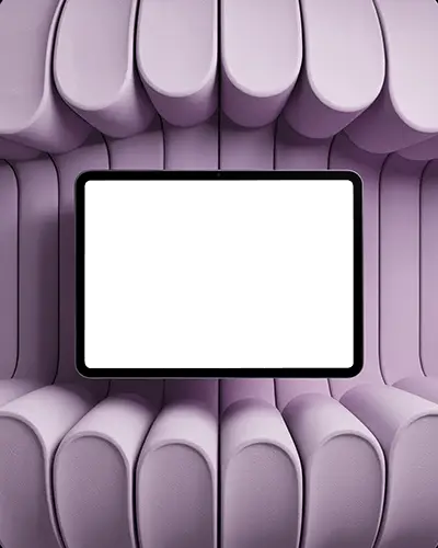 Ipad Pro Mockup Horizontal Orientation Nested In Padded Purple 3d Modular Background