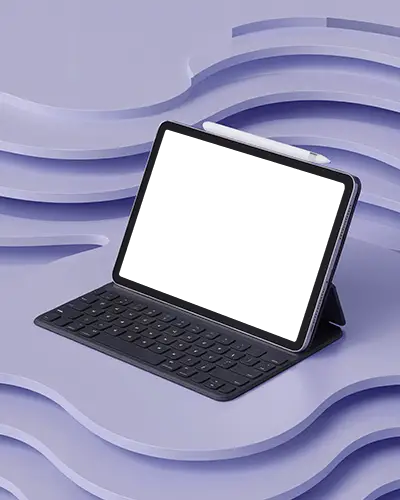 Productivity Focused Ipad Air Mockup On Keyboard In Modern Purple Environment