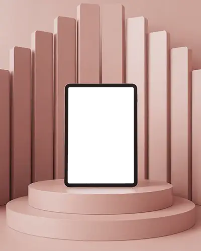 Elegant Ipad Air Mockup In Portrait Mode On Minimal Round Platform And Arched Wall