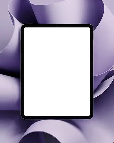 Ipad Pro Mockup Front View Amid Curved Purple Paper Sculpture In Studio Lighting