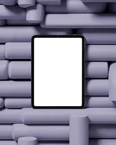 Ipad Mini Mockup Front View Against Stacked Lavender Cylinders In Modern Studio