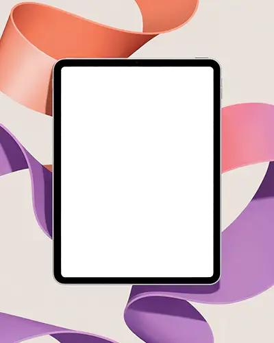 Ipad Pro Mockup Front View With Floating Colorful Ribbons In Creative Studio Light