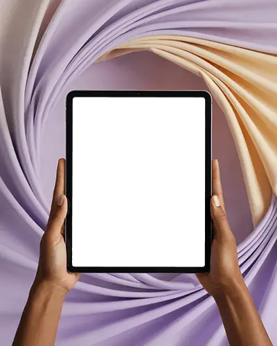 Elegant Ipad Air Mockup With Hands Against Draped Purple And Cream Curves
