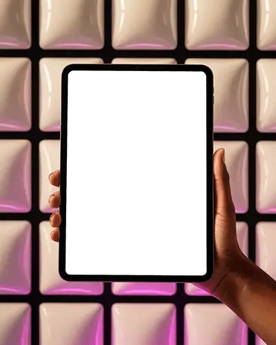 Ipad Air Mockup Handheld Against Glowing 3d Tile Wall With Purple Ambient Light