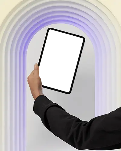 Modern Ipad Mini Mockup With Hand Raised Against Illuminated Archway
