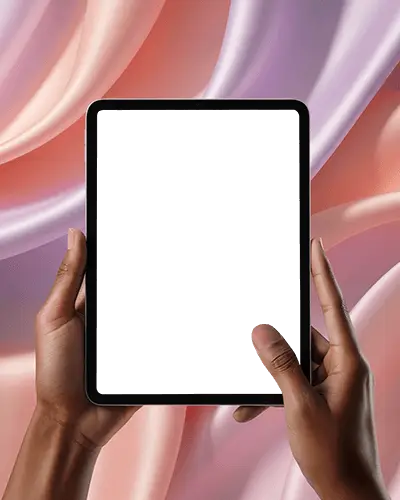 Realistic Ipad Pro Mockup In Hands Soft Flowing Curtain Backdrop Studio Light