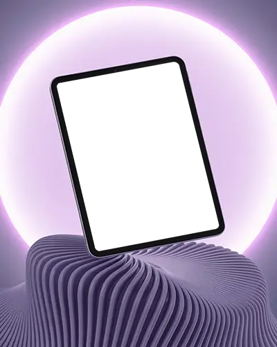 Futuristic Ipad Pro Mockup Levitating Tablet On Abstract Wavy Base With Purple Neon Halo Background
