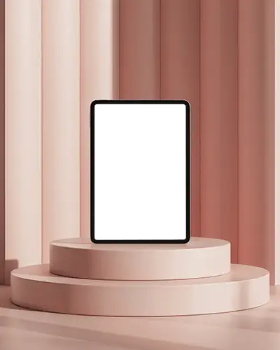 Elegant Ipad Mini Mockup Straight On View On Rounded Pedestal Against Blush Toned Curved Walls