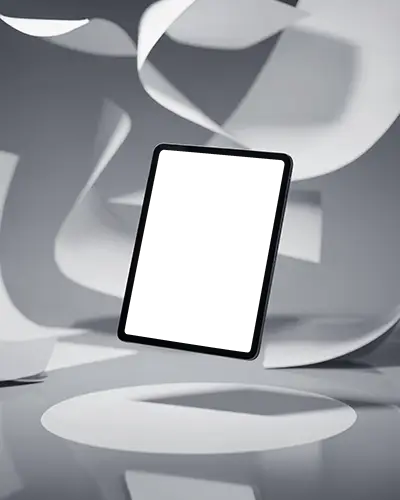 Floating Ipad Mini Mockup In Abstract Paper Sculpture Environment With Monochrome Lighting