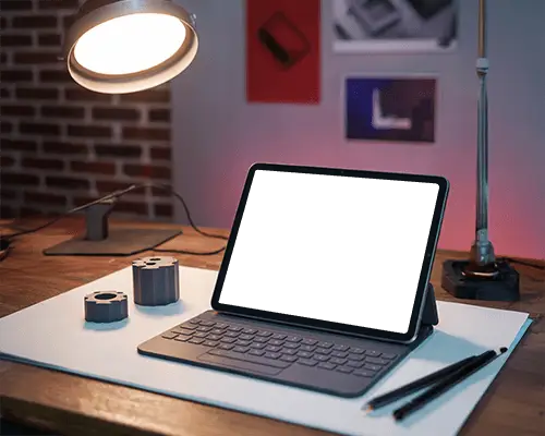 Workspace Ipad Mini Mockup Keyboard Attached Device On Wooden Surface Under Design Lamp