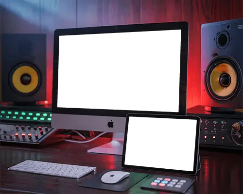 Professional Workstation Mockup Imac Desktop And Ipad Air Tablet In Lit Sound Engineering Room