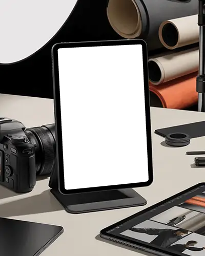 Professional Studio Ipad Mini Mockup Tablet On Stand With Dslr Camera And Lighting Gear