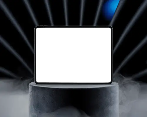 Cinematic Ipad Pro Display Mockup Tablet On Smoke Filled Podium With Spot Beam Backdrop