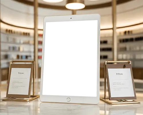 Elegant Ipad Mini Mockup On Marble Counter In High End Fragrance Boutique Interior