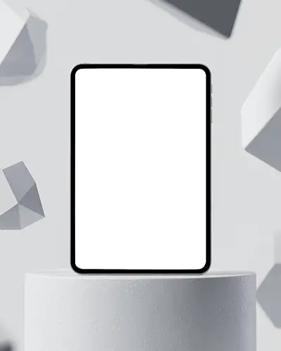 Ipad Air Mockup On Minimal Pedestal With Floating 3d Geometric Shapes In White Studio