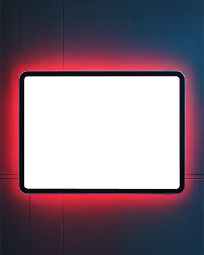 Ipad Pro Mockup Horizontal Display Mounted On Wall With Bold Red Neon Backlight