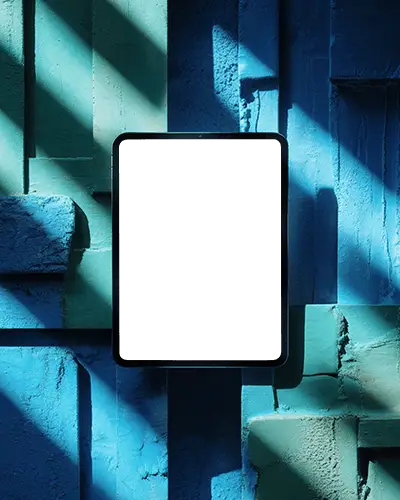 Ipad Mini Mockup On Textured Blue Wall With Angled Shadows And Artistic Lighting