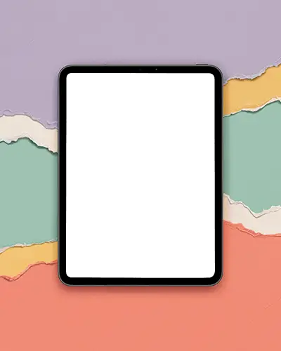 Vibrant Ipad Air Mockup Front Facing Device Against Artsy Paper Craft Backdrop Design