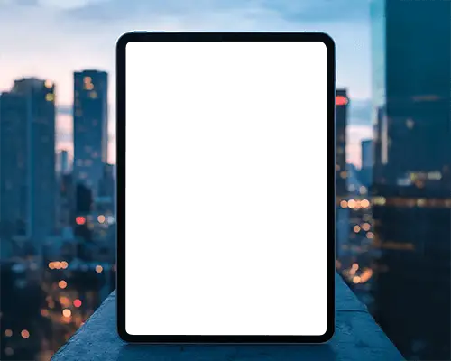Ipad Air Mockup Upright On Urban Balcony With Blurred City Lights In Evening Skyline