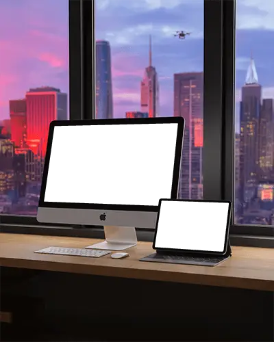 Tech Workstation Mockup Imac And Ipad Pro On Wood Desk Overlooking New York Sunset