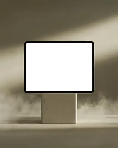 Ipad Pro Mockup Landscape Display On Stone Pedestal In Moody Fog And Soft Directional Light