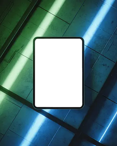 Ipad Mini Mockup Portrait Orientation On Glowing Neon Tile Floor With Blue And Green Lights