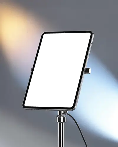 Ipad Pro Mockup Angled Display On Metal Stand With Soft Gradient Lighting In Studio