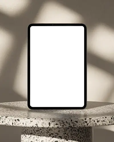 Ipad Air Mockup Upright On Terrazzo Pedestal With Soft Architectural Light And Shadows