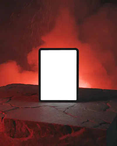 Ipad Mini Mockup Upright On Rough Stone Platform With Dramatic Red Smoke And Backlight