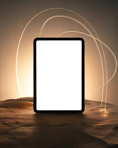 Ipad Mini Mockup Upright On Textured Rock Surface With Glowing Light Trails And Halo Glow