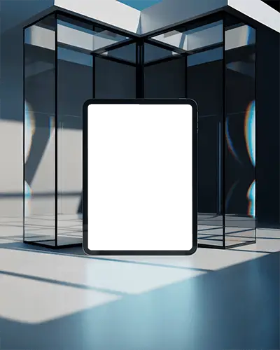 Ipad Pro Mockup Upright In Modern Glass Cube Structure With Hard Shadows And Prism Reflections