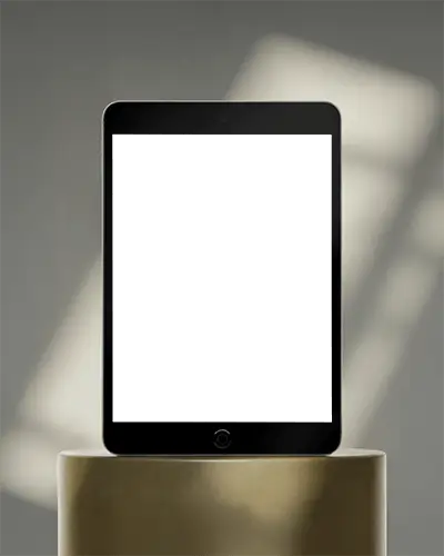 Elegant Ipad Mini Display Mockup On Golden Satin Plinth Under Diffused Sunlight Beams