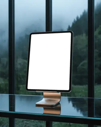 Ipad Pro Mockup On Modern Stand By Glass Window With Misty Forest View And Moody Light