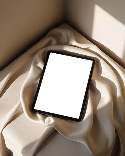 Ipad Air Mockup On Soft Draped Fabric In Sunlit Corner With Gentle Shadows And Warm Light