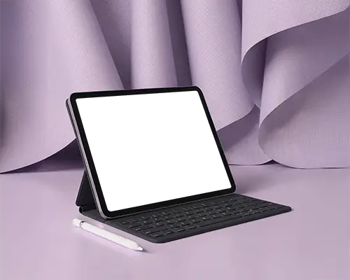 Ipad Air Mockup In Light Purple Fabric Draped Setting With Apple Pencil And Keyboard