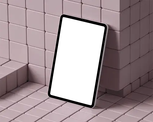 Modern Ipad Pro Vertical Display Mockup On Textured Cube Wall In Pastel Setting