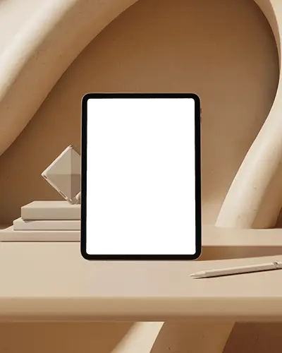 Modern Ipad Mini Mockup On Minimal Beige Desk With Abstract Arch Background Elements