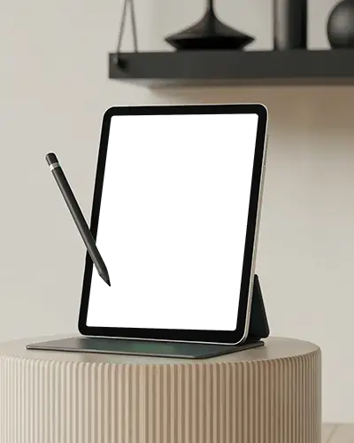 Modern Ipad Air Mockup On Striped Round Table With Floating Apple Pencil In Minimal Studio