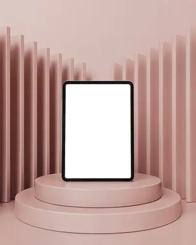 Centered Ipad Pro Mockup On Rounded Podium With Accordion Panel Background In Soft Pink Studio