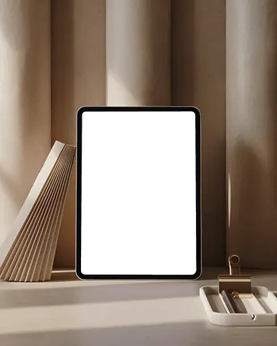 Vertical Ipad Air Mockup In Stylish Interior Setting With Architectural Curves And Paper Fold