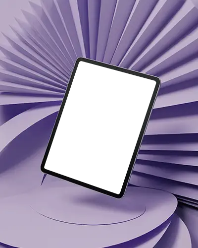 Floating Ipad Pro Mockup With Spiral Paper Background In Vibrant Purple Studio Setup