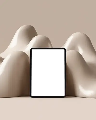 Ipad Air Mockup In Front Of Abstract Smooth Sculptural Waves With Neutral Toned Background