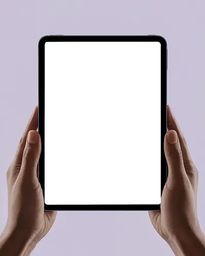 Ipad Mini Mockup Held With Both Hands Against Soft Lilac Studio Background For Product Presentation